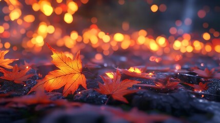 Orange maple leaves on the ground with a bokeh effect in autumn