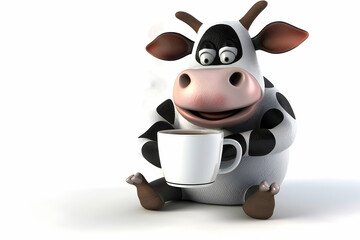 Fototapeta premium A cartoon cow happily holding a cup, suggesting a playful take on enjoying a beverage.