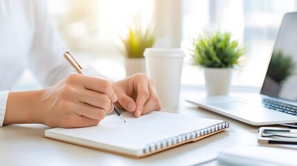 A close-up of hands writing goals in a notebook, with a background that symbolizes career progression and professional success