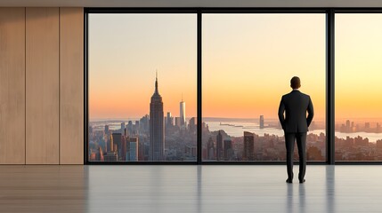 A business professional standing in front of a large window with a view of the city skyline, representing the ambition and success of career growth