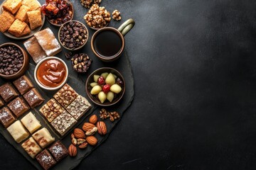 Middle Eastern Sweets, Turkish Delights and Black Coffee on black background, copy space. Arab dessert assortment, rahat lokum, halva, sherber, pismaniye with nuts and dates 