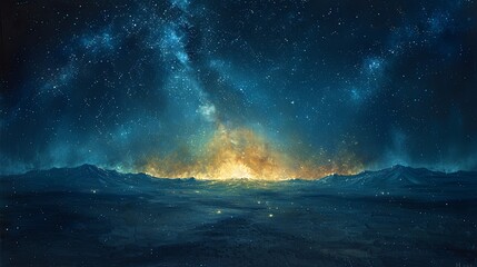 A deep, rich oil painting of a starry night sky, with the Milky Way stretching across the heavens. The stars seem to glow against the dark backdrop, with a faint silhouette of a distant mountain range
