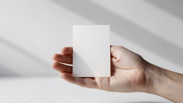 Hand holding blank white vertical postcard.