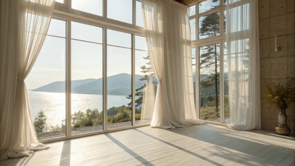 Obraz premium Large windows allow natural light to stream in further illuminating the room and giving a sense of openness. Sheer curtains gently diffuse sunlight enhancing the serene
