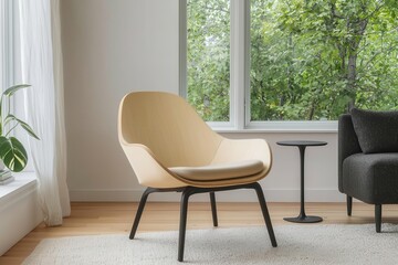Fototapeta premium A stylish, modern chair positioned beside a small table, with large windows showcasing a lush green view outside.
