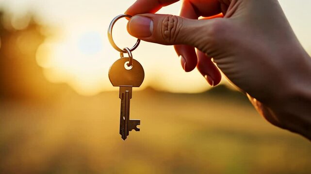 A woman's hand holding a house or apartment key against sunlight bokeh background