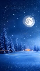 Naklejka premium Midnight Magic Christmas Wallpaper Featuring a Dark Snowy Landscape, Glowing Full Moon, Frosty Trees, and a Starlit Navy-Blue Sky with Santa’s Sleigh Trail and Glittered Snow