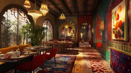 Obraz premium Luxurious interior design with vibrant rugs, ornate chandeliers, and arched doorways.