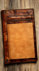 Brown leather menu folder with blank paper on wood.