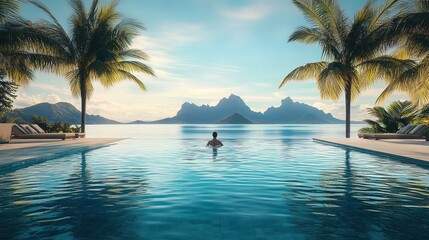 Person in infinity pool overlooking tropical ocean and mountains at sunrise.