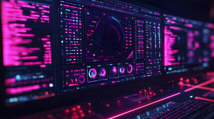 Obraz premium Futuristic digital interface with glowing pink and blue elements on a large monitor.