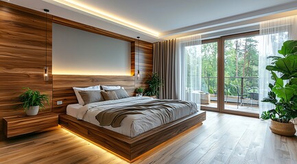Luxurious Modern Bedroom Interior Design Wooden Walls Large Bed