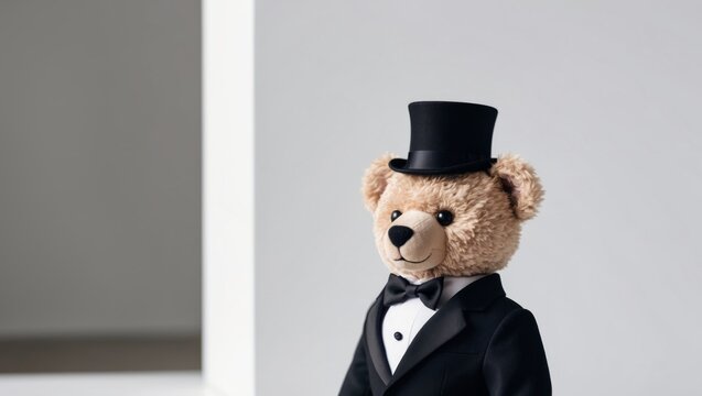 Cute Teddy Bear Dressed In A Black Tuxedo Suit.