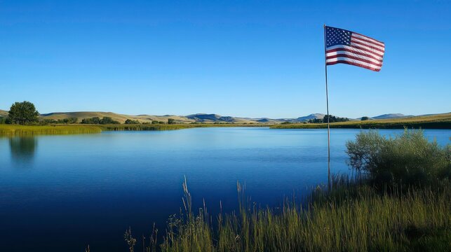 A clear blue sky with an American flag flying high above a quiet lake.