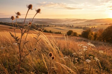 Golden hour landscape with wildflowers and tall grasses