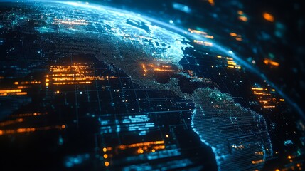 A stunning digital representation of Earth highlights a network of glowing data points, perfect for illustrating technology, global connectivity, data visualization