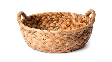 Fototapeta premium A handcrafted woven basket with two handles, showcasing a natural texture and rustic charm, ideal for storage or decorative purposes.