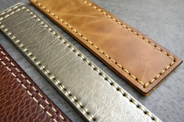 Close-up view of three leather samples with contrasting colors and golden stitching