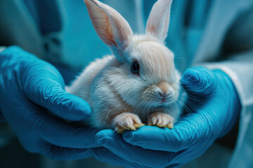 Veterinarian holding a small white rabbit during medical examination