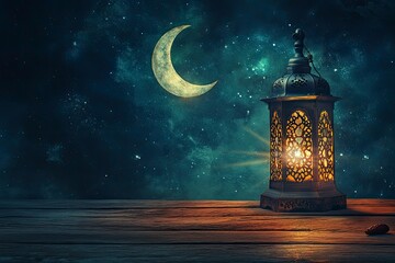 Moroccan, Arabic lantern and dates on on an old wooden table with the night sky and the Crescent moon and the star behind. Greeting card for Muslim community holy month Ramadan Kareem. Free space 