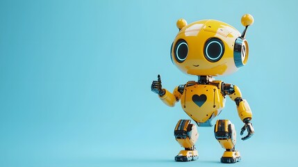 Adorable Yellow Robot with Heart-Shaped Eyes Pointing Downwards, Solid Pale Blue Background for Tech Ads with Copy Space