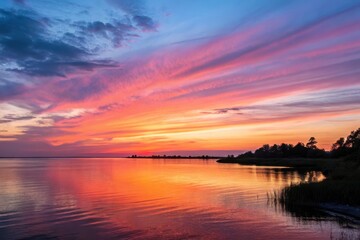 Obraz premium Serene Sunset Over Calm Water, Painting the Sky with Vivid Hues of Orange, Pink, and Purple