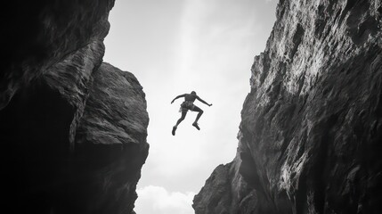 Person leaping across a chasm between two rock faces.