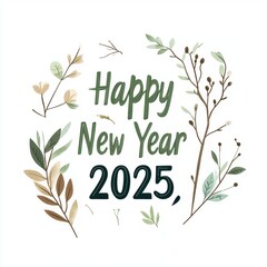 A festive illustration wishing a Happy New Year 2025 with botanical elements.