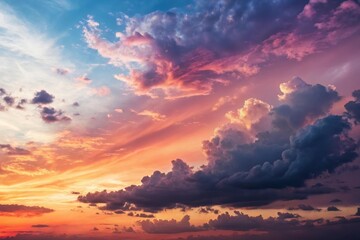 Obraz premium A breathtaking panorama of vibrant sunset cloudscapes, showcasing an array of colors and textures in the evening sky