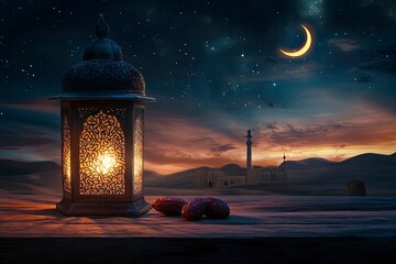 Moroccan, Arabic lantern and dates on on an old wooden table with the night sky and the Crescent...