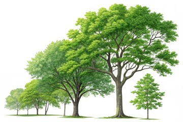 Lush Green Trees in a Row, Displaying Various Sizes and Growth Stages