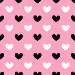 Pink background with black and white hearts Valentines Day design, seamless vector pattern, textile print, wallpaper, wrapping paper