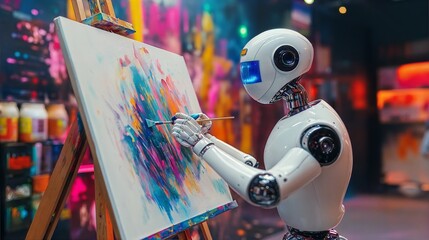 The robot paints a picture on canvas, bright colors and modernity