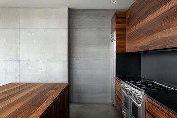 Modern kitchen featuring sleek wooden cabinetry, stainless steel appliances, and a minimalist design with concrete walls.