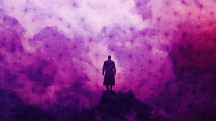 Fototapeta premium Silhouette of a man standing against an abstract purple gradient background with geometric patterns