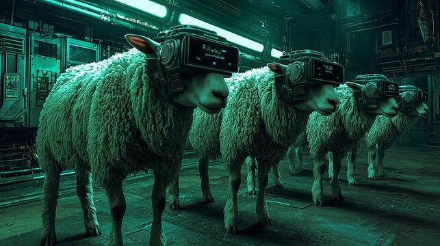 Futuristic sheep wearing VR headsets in a neon-lit industrial setting, symbolizing technology and conformity