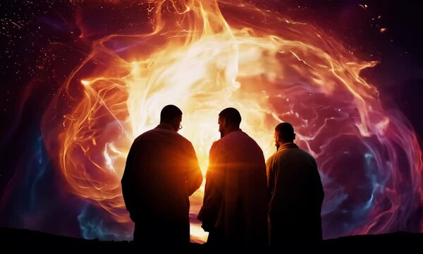 Shadrach, Meshach, and Abednego in the fiery furnace, depicted within a swirling nebula, highlighting their faith amidst trials