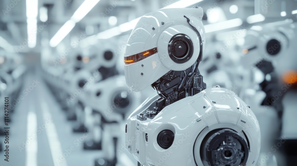 Poster A series of sleek white robots stand in a futuristic workshop, their intricate designs highlighting cutting-edge technology. Bright lights illuminate the space, enhancing their glossy surfaces