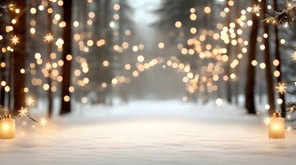 A snowy path through an enchanted forest with glowing fairy lights leading to a festive New Year celebration
