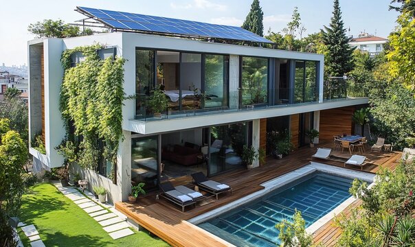 Modern villa with a solar panel rooftop and private swimming pool, combining sustainable energy efficiency with luxurious living in a tranquil natural setting.