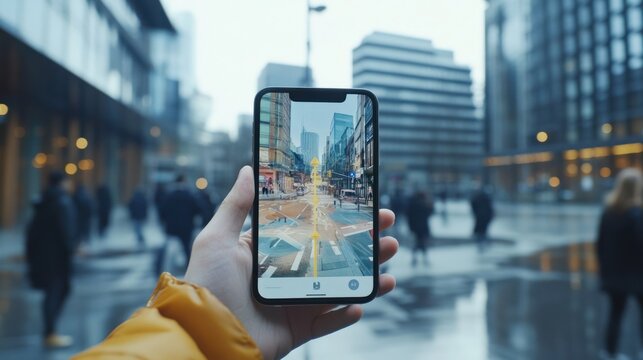 Person using augmented reality app on phone outdoors.
