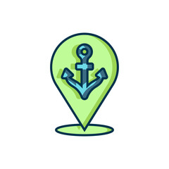 Filled outline Map pointer with anchor icon isolated on white background. Flat filled outline style with shadow. Vector