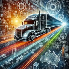 Abstract illustration of the moving semi truck. Logistics concept.
