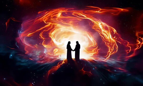 Shadrach, Meshach, and Abednego in the fiery furnace, depicted within a swirling nebula, highlighting their faith amidst trials