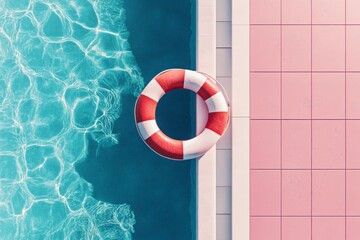 Red and White Life Preserver on Pink-Tiled Outdoor Pool. Minimalist Flat Lay with 3D Rendering Effect.
