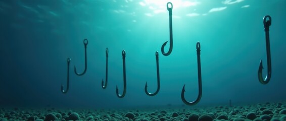 Fishing Hooks Underwater. Fishing hook with rope. Fishhook for Hanging Lures