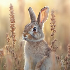 Fototapeta premium A cute rabbit poses amidst tall grasses and soft hues, capturing a serene moment in nature, Perfect for wildlife articles, children's books, or promotional materials highlighting nature themes,
