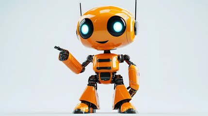 Cute Orange Robot with Bright Eyes and Joyful Expression Pointing Leftward, Solid Light Gray Background for AI Product Placement