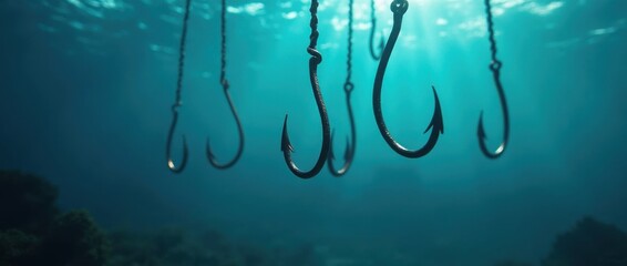 Fishing Hooks Underwater. Fishing hook with rope. Fishhook for Hanging Lures