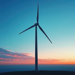 A solitary wind turbine stands against a stunning sunset sky, symbolizing renewable energy and sustainability, Ideal for environmental projects, presentations, or articles on clean energy,